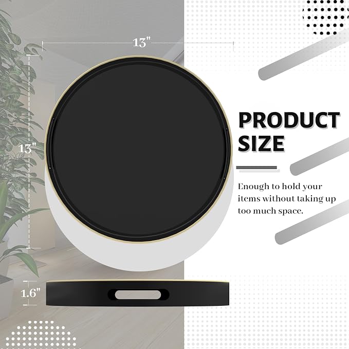 MAONAME 13" Black Decorative Tray, Plastic Round Serving Tray with Handles | Decorative Tray for Coffee Table, Modern Ottoman Tray, Circle Tea Tray, Round Melamine Tray for Living Room, Bathroom - Image 2