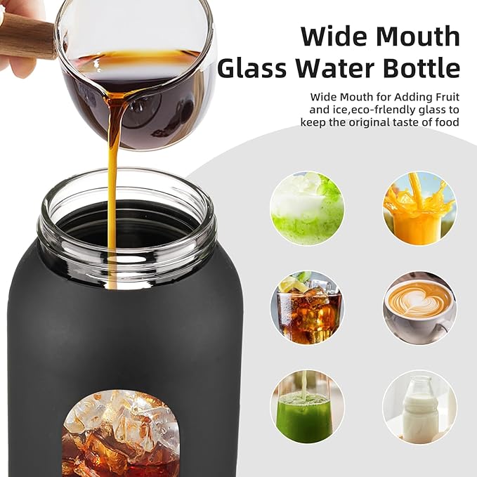 24 oz Glass Water Bottle with 2 Lids-Handle Straw Lid & Bamboo Lid,1 Liter Motivataional Tumbler Water Bottle Time Marker, Borosilicate Glass Water Bottles With Silicone Sleeve, Leakproof