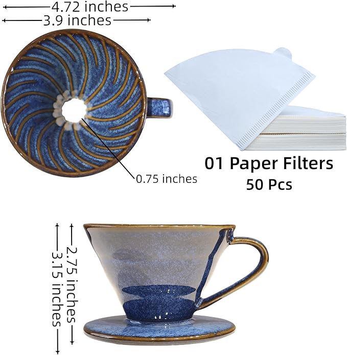 Ceramic Coffee Dripper includes 50 Filters 01 Pour Over Coffee Maker Porcelain V Hand Brewed Set Pottery Artisanal Drip Brew Barista Gift for 1-2 People Travel Camping Office Home