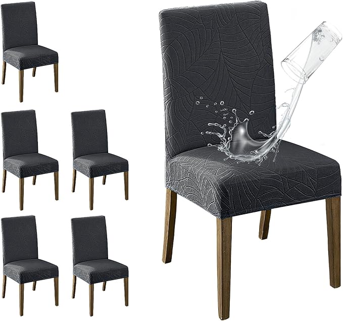 MOSAYT 100% Waterproof Dining Room Chair Covers Set of 6, Super Fit Stretch Jacquard Parson Chairs Slipcovers Removable Washable Chair Seat Protectors for Home, Kitchen, Banquet (Dark Grey - XL) by MOSAYT