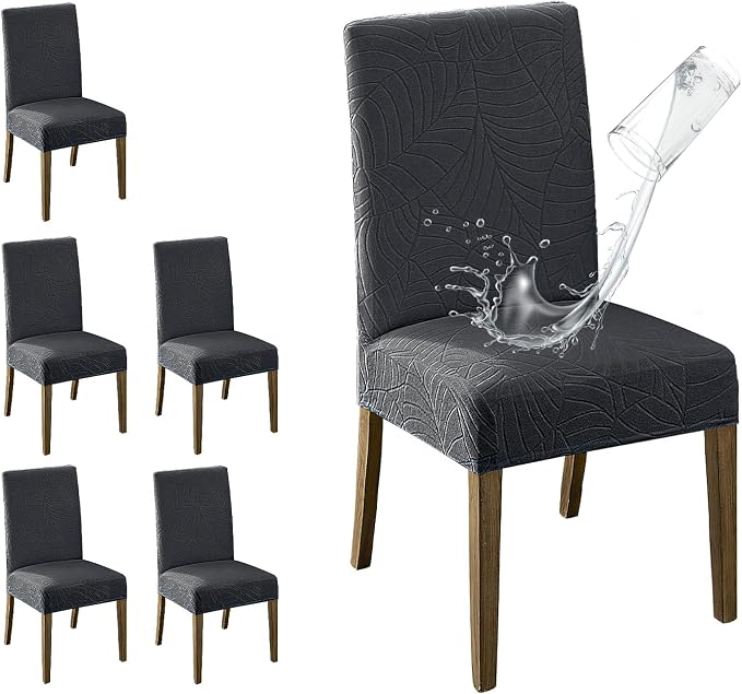 MOSAYT 100% Waterproof Dining Room Chair Covers Set of 6, Super Fit Stretch Jacquard Parson Chairs Slipcovers Removable Washable Chair Seat Protectors for Home, Kitchen, Banquet (Dark Grey) by MOSAYT