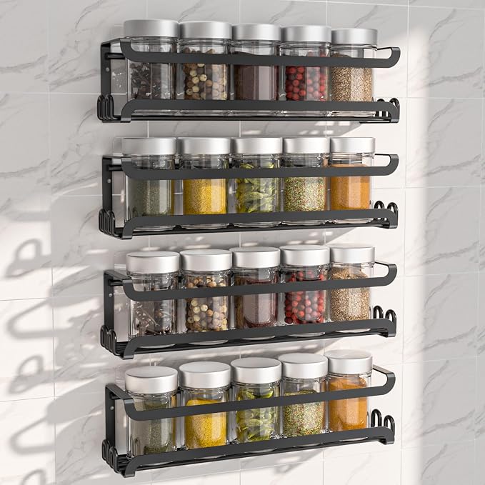LUCYCAZ 4 Pack Wall Mounted Spice Rack for Kitchen Cabinet,RV,Camper,Black | 16 Metal Hooks, Space-Saving,Screw or Adhesive Spice Shelf Hanging,for Pantry Door Spice Jars & Seasonings,11.41×2.75×2.36in - Image 2