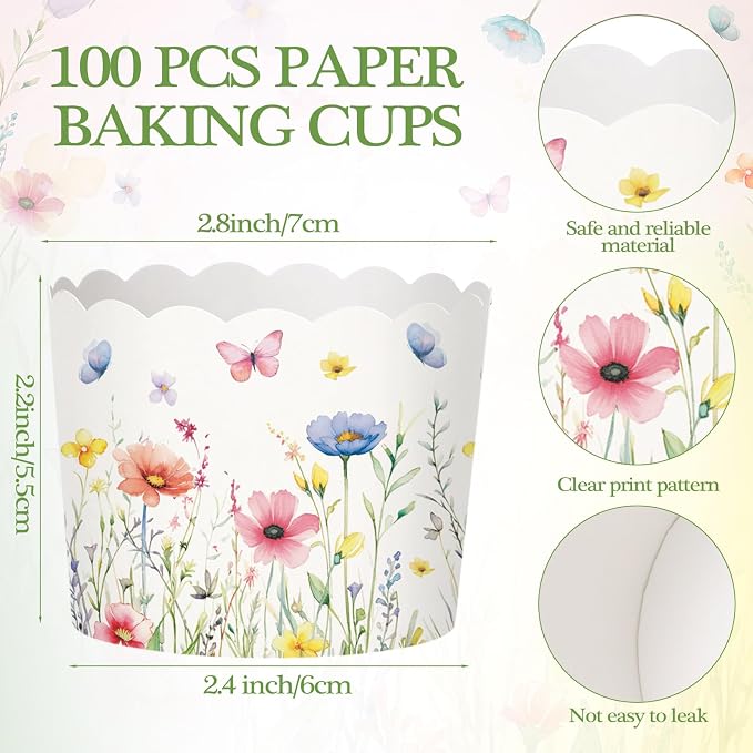Qinyoung 150 Pcs Wildflower Cupcake Wrappers Liners Floral Paper Baking Cups Greaseproof Disposable Scalloped Flower Cupcake Muffin Cases for Spring Summer Wedding Baby Shower Birthday Tea Party Decor - Image 2