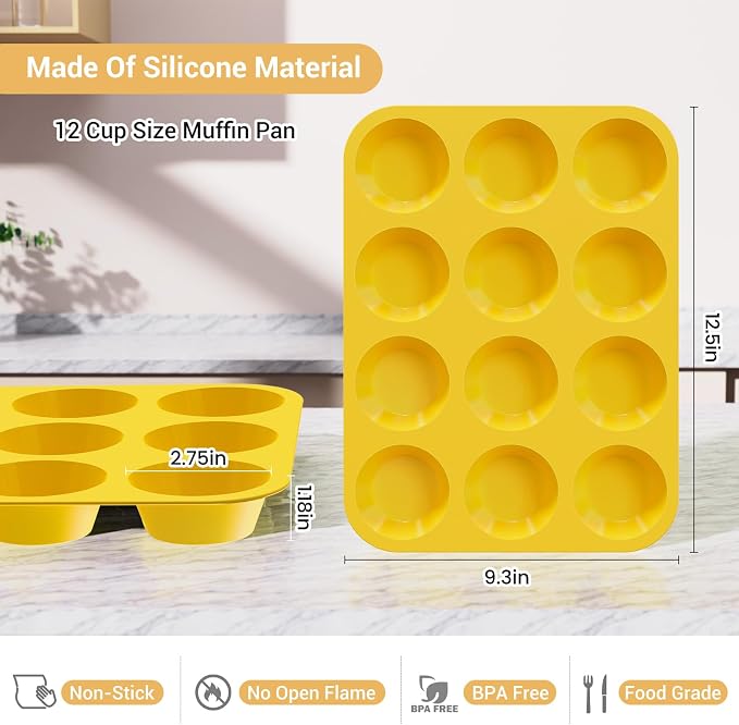 Redfly 2 Pack Silicone Muffin Pans for Baking & Cupcake Pan - 12 Cup Regular Size Silicone Molds, BPA Free Egg Bites Mold,Yellow - Image 2