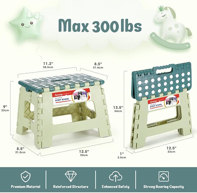 ACSTEP 9 Inch Folding Step Stool 300 LB Capacity Plastic Foldable Step Stools for Kids and Adults, Folding Stool Suitable for Kitchen, Stepping Stool with Handle Bicolor Green Small Step Stool 1PC | Lightweight Plastic Small Foldable Step Stool with Ha... - Image 4