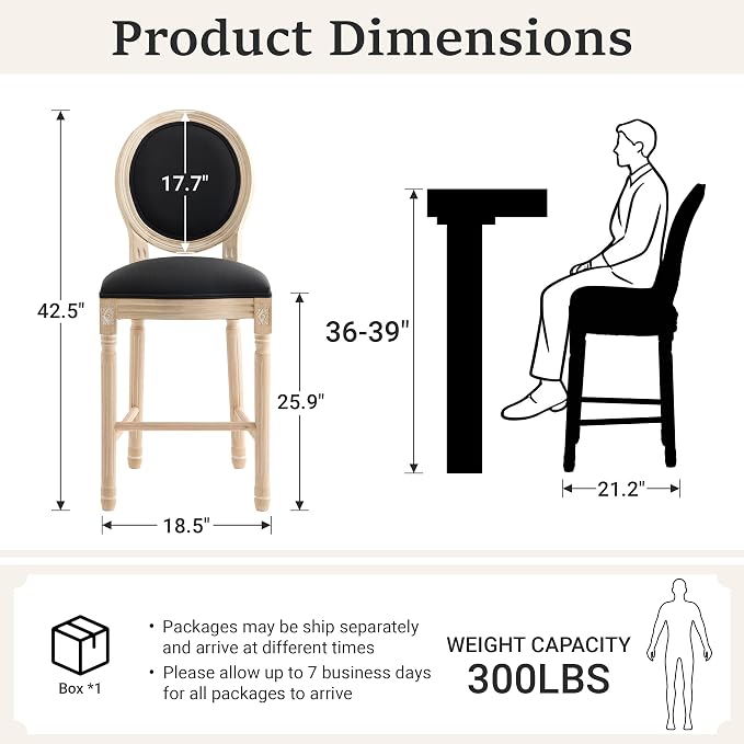 French Country Barstool, Linen Farmhouse Counter Height Chair | Set of 2, with Cushion Round Back and Solid Wood Legs, Oval Chairs for Restaurant, Bar, Kitchen, Café, Black - Image 3