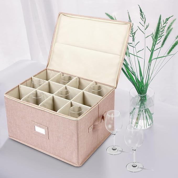 Wine Glass Storage Box, Stemware Storage Containers Cases with Dividers | Glassware Storage Containers Holds 24 Red or White Wine Glasses, Hard Top and Sides (2 Pack Beige) - Image 2