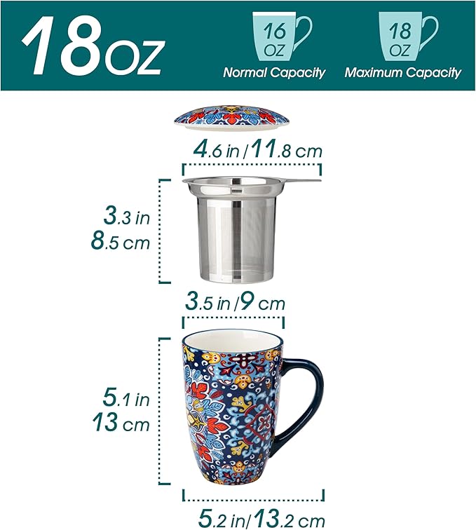 vancasso Ceramic Tea Mug with Infuser and Lid, 18 Ounce Bohemian Loose Leaf Cup, Microwave & Dishwasher Safe, Perfect for Tea, Coffee, Royal-Crimson Flourish - Image 2