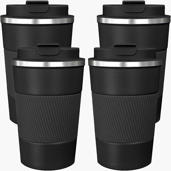 4 Pack Insulated Coffee Mug with Lid 12oz Travel Coffee Tumbler Stainless Steel Reusable Coffee Cups Thermal Coffee Mug for Hot and Iced Cold Drinks, Black by Unknown