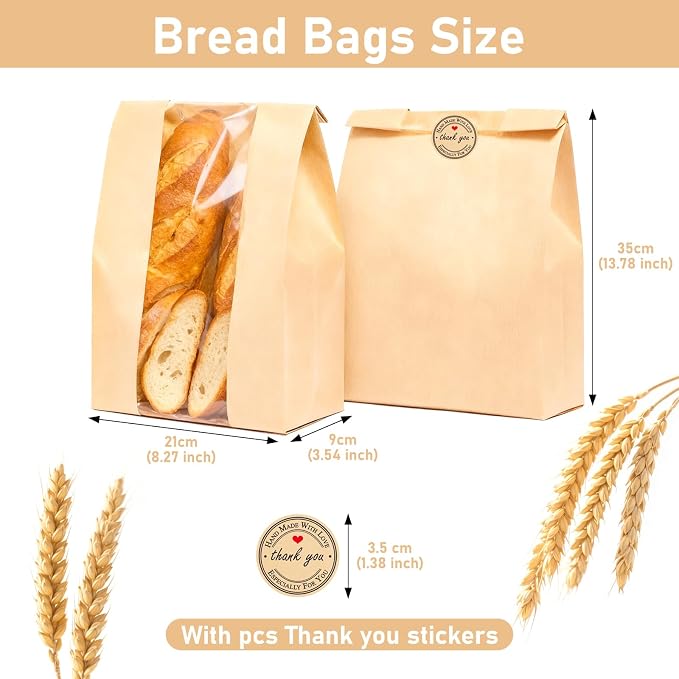 120 Pcs Paper Bread Bags for Homemade Bread with Window & 125 Stickers | 13.8 x 8.3 x 3.5 inch Sourdough Bread Bags for Bread, Cookies, Snacks & Scones, Large Bakery Paper Bags - Image 2