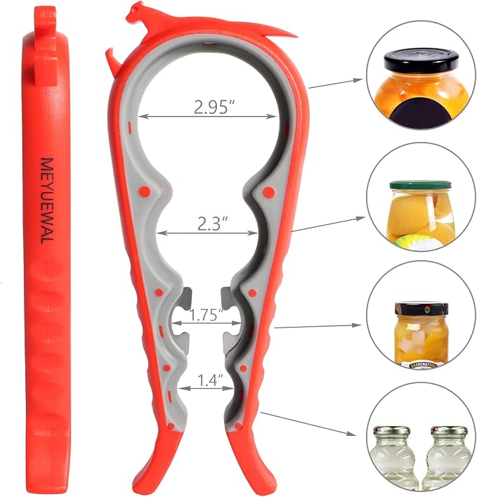 6 in 1 Lid Opener - Bottle, Jar, & Can Opener for Seniors with Arthritis or Weak Hands - Heavy Duty & Smooth Edge, Red - Image 2
