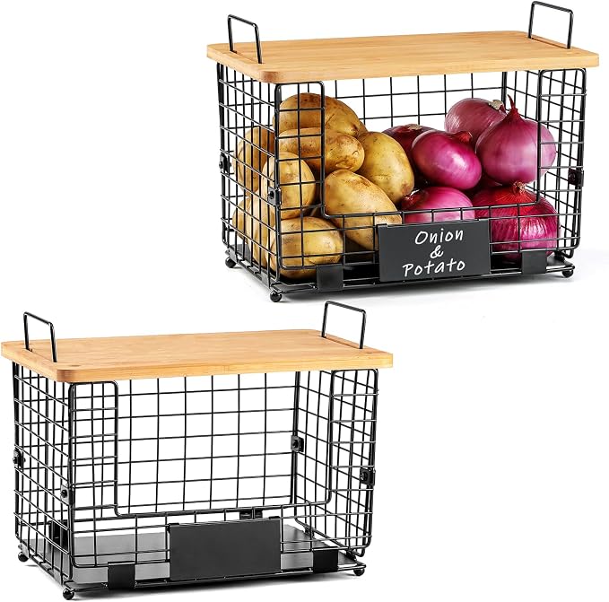 2 Set XL Stackable Wire Basket with Bamboo Tops & Tags- Pantry Organizer and Storage Bins, Kitchen Counter Cabinet Shelf Countertop Under Sink Organizing, Food Snack Produce Onion Potato Bread Storage - Image 8