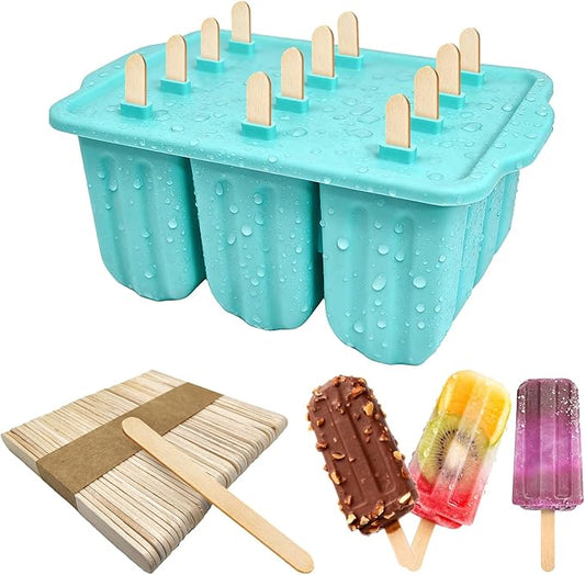 12-Cavity Silicone Popsicles Molds, Reusable Ice Pop Makers with 50 Sticks, Blue Small Ice Cream Mold for Homemade Frozen Dessert