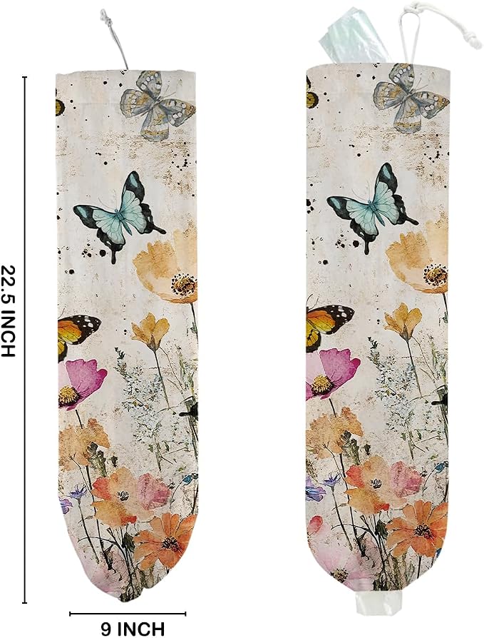 Vintage Floral Plastic Bag Holder, Wall Mount Trash Bag Holder 22.5x9 Inch | Summer Floral Reusable Grocery Bags Storage Dispenser for Home Kitchen Pantry Farmhouse, Butterfly Gifts for Women - Image 2