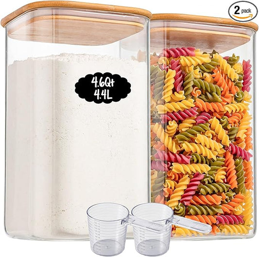2-Pack 4.6Qt Large Glass Flour Sugar Storage Containers with Lids | Wide Mouth Design, With Measuring Cups, Minimalist Kitchen Organizer,Scandinavian Style Storage,Nordic Style Storage by Unknown