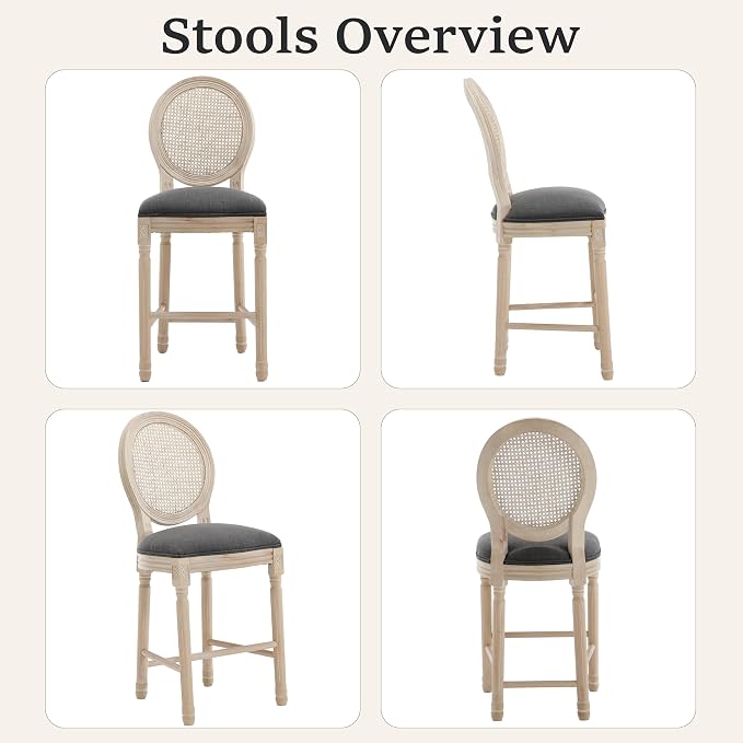 French Country Barstool, Linen Farmhouse Counter Height Chair | Set of 2, with Rattan Round Back and Solid Wood Legs, Oval Chairs for Restaurant, Bar, Kitchen, Café,Dark Grey - Image 6