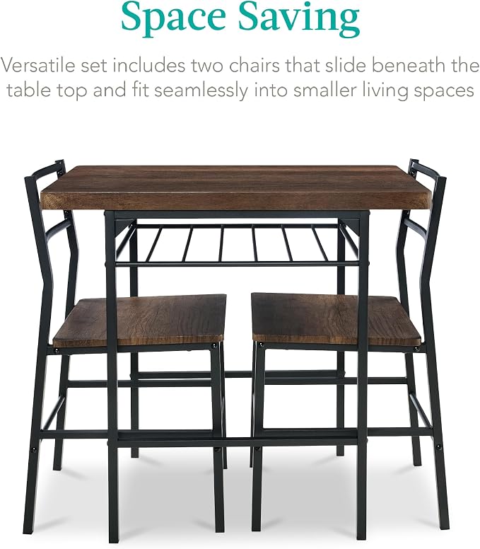 Best Choice Products 3-Piece Modern Dining Set, Space Saving Dinette for Kitchen, Dining Room, Small Space w/Steel Frame, Built-in Storage Rack - Dark Brown/Black - Image 3