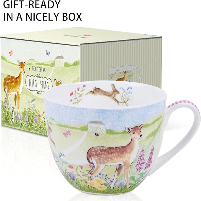 20 oz Deer & Wildflower Coffee Mug, Premium Bone China Cottage Garden Coffee Cup with Rabbit & Butterfly, Thoughtful Gifts for Mom Women Mothers Day, Designed in England by Harvest Green Studio - Image 3