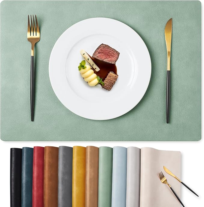 MOSAYT Vinyl Placemats Set of 8-12 X 17 Inch - Faux Leather 100% Waterproof Oil-Proof Wipeable PU Place Mats, Heat Resistant Reversible Table Mats for Kitchen, Dining, Outdoor, Green by MOSAYT
