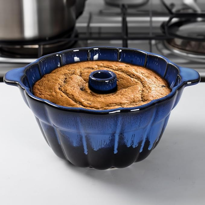 Emeril Lagasse Fluted Cake Pan Stoneware 9.5 in – Pound Cake Baking Pan, Perfect for Baking Delicious Cakes! (Dark Blue) - Image 2