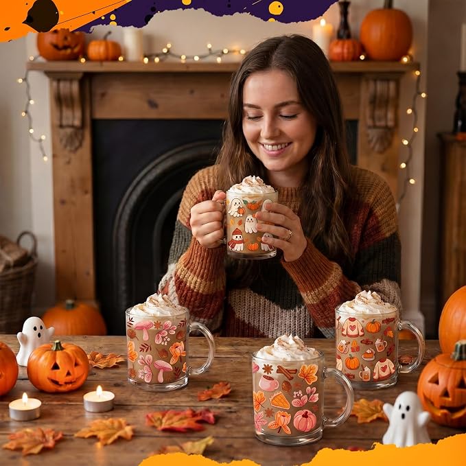 Tioncy 4 Pcs Halloween Coffee Mugs 12 oz Ghost Glass Cups with Handle Halloween Pink Pumpkin Ghost Leaves Coffee Cup Sweet Holiday Gifts Drinking Containers Party Decor - Image 2