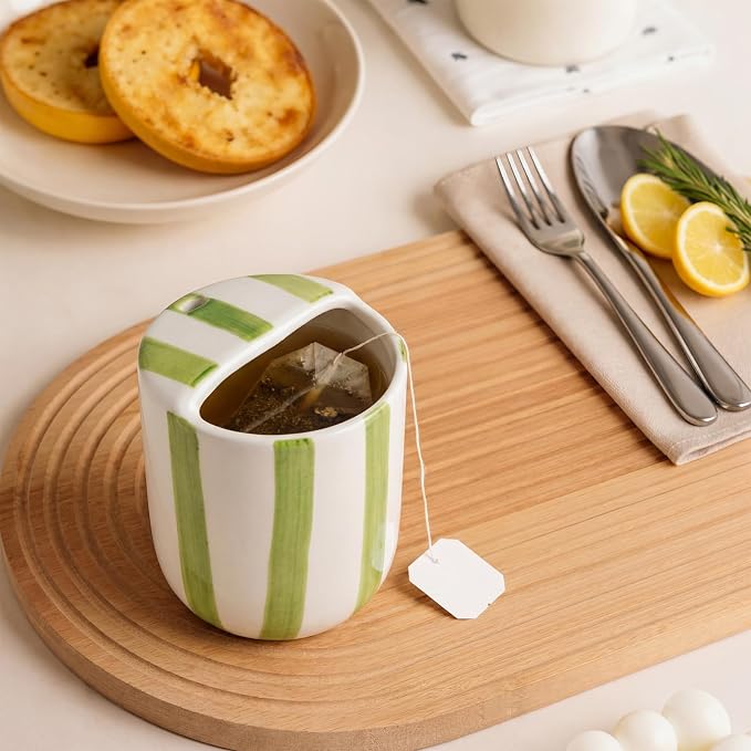 Ceramic Mug with Sip Hole 10 oz Novelty Green Striped Ceramic Coffee Mug Hand Painted Travel Mugs Heat Resistant Non Slip Built in One Lid Handcraft Mugs for Coffee Lovers Appreciation Gift - Image 6