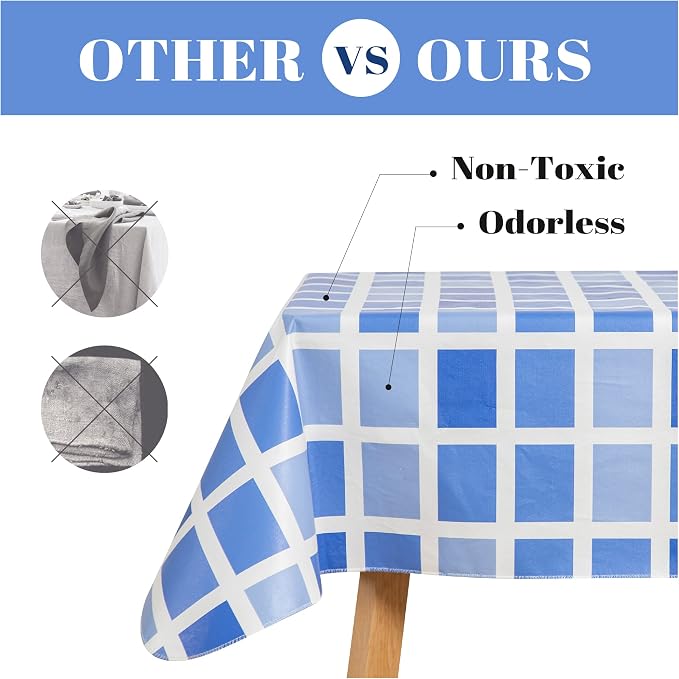 FIFTY FEET 84 * 60 Inch Rectangle Tablecloth, Vinyl Tablecloth with Flannel Backing for Rectangle Tables Waterproof, Plastic Picnic Table Cover for Dining Table/Buffet Parties/Camping(Blue Plaid) - Image 6