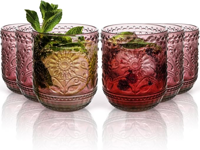 Topsky Vintage Drinking Glass Set of 6,12 oz Embossed Floral Decorative Glassware Set,Glass Cups Wine Glasses Beverages Tumblers Colored Glassware for Whisky,Beer,Juice,Cocktail,Heavy Duty - Image 9