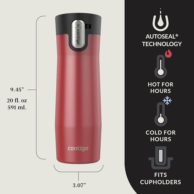 Contigo AUTOSEAL West Loop Vacuum-Insulated Stainless Steel Travel Mug with Easy-Clean Lid 20 oz 2 pack Goji Berry Frosted Pearl Frosted Pearl - Image 2