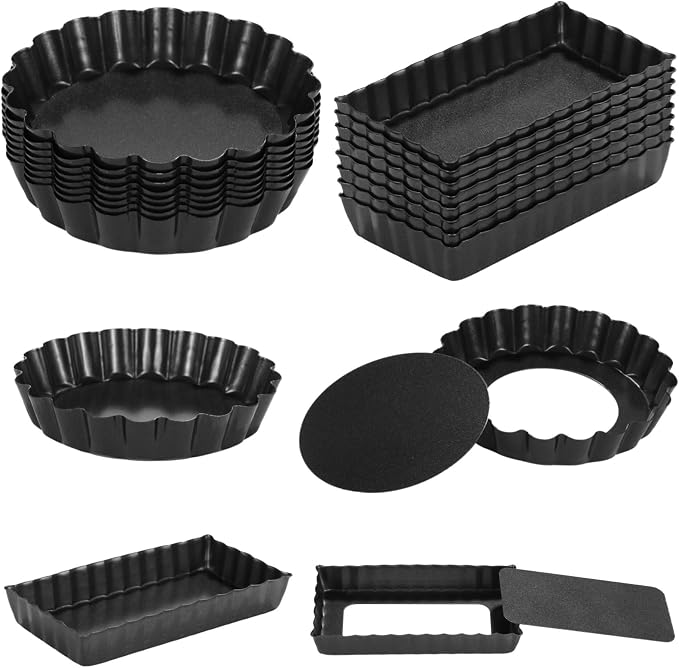 16 PCS Mini Tart Pans, Round and Rectangle Pie Pans, Removable Bottom Nonstick Quiche Pan, 4 Inch Carbon Steel Tart Mold, Fluted Side Dessert Baking Mold Set for Egg Tarts, Pies, Mousse Cakes - Image 3