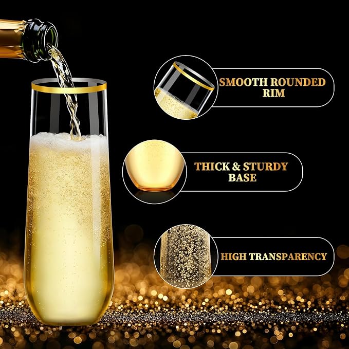 48 Pack Gold Rim Stemless Champagne Flutes, 9 oz Clear Disposable Plastic Glasses, Heavy Duty Shatterproof Recyclable Mimosa Glasses for Party Wine Tasting Wedding New Years Eve Party Supplies - Image 4