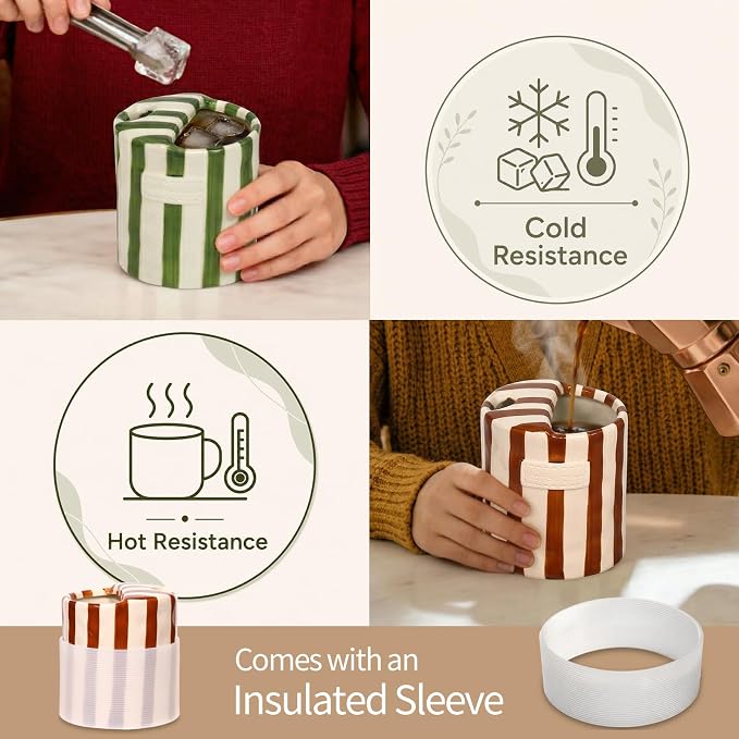 Ceramic Coffee Mug with Sip Hole Striped Travel Espresso Cup with Sleeve | Retro Hand-Painted Multiple Use, Microwave & Dishwasher Safe for Coffee Lovers(Green) - Image 4