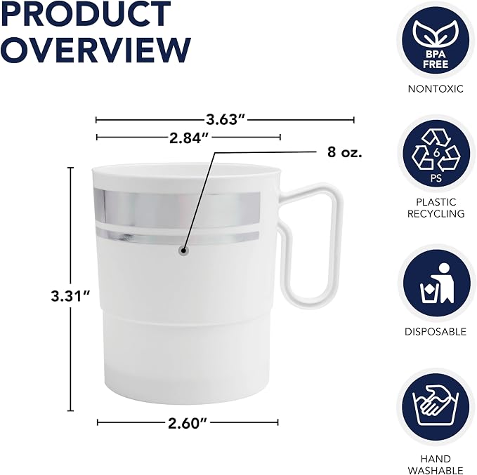 Party Essentials 8-Ounce Hard Plastic Coffee Cup/Tea Mug with Handle, 20-Count, White W/Silver Rim - Image 3