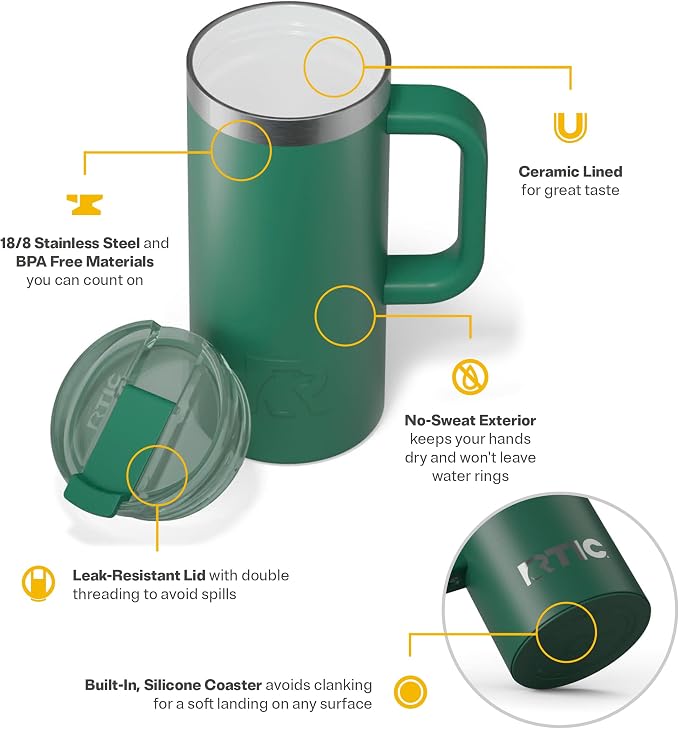RTIC 16oz Road Trip Travel Mug with Lid and Handle, Ceramic Lined, Insulated, Stainless Steel, Metal, Double Wall Vacuum-Insulation, Portable Coffee, Tea Cup for Hot and Cold Drink, Pine Tree - Image 3