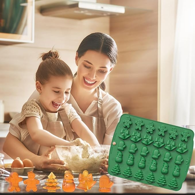 2 Pcs Christmas Silicone Molds for Chocolate,3D Christmas Tree Candy Silicone Mold 60 Cavity Small Baking Molds for Claus Elk Snowman Santa Bells Gloves Socks Shape Silicon Molds