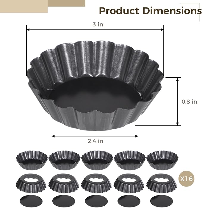 16 PCS Mini Removable Bottom Tart Pans, 3 in Nonstick Carbon Steel Fluted Cake Molds, Flower Shape Mini Pie Pans, Baking Cups for Tarts, Pudding, Brownies, Mini Quiche, Easy Release - Image 2