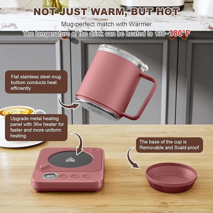 Felibeaco Coffee Mug Warmer & Mug Set for Desk, Smart Coffee Cup Warmer with 16oz Heated Mug, Cup Heater with Auto Shut Off for Office/Home, Coffee Gifts for Women/Men/Dad on Father‘s Day, Red - Image 2