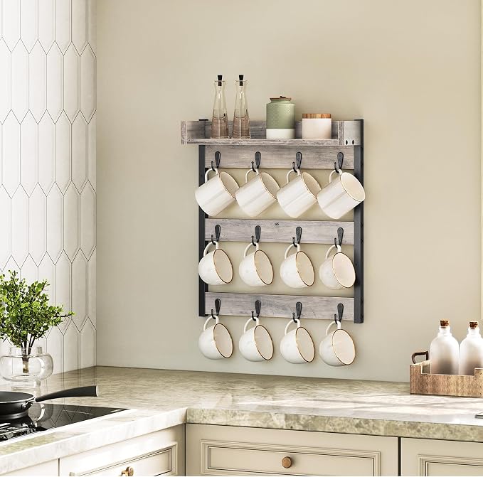 YATINEY Coffee Mug Holder Stand, 3 Tier Mug Tree Rack, Hanging 12 Cups, with Top Shelf, for Kitchen, Dining Room, Living Room, Cafe, Greige and Black MH42BG - Image 5