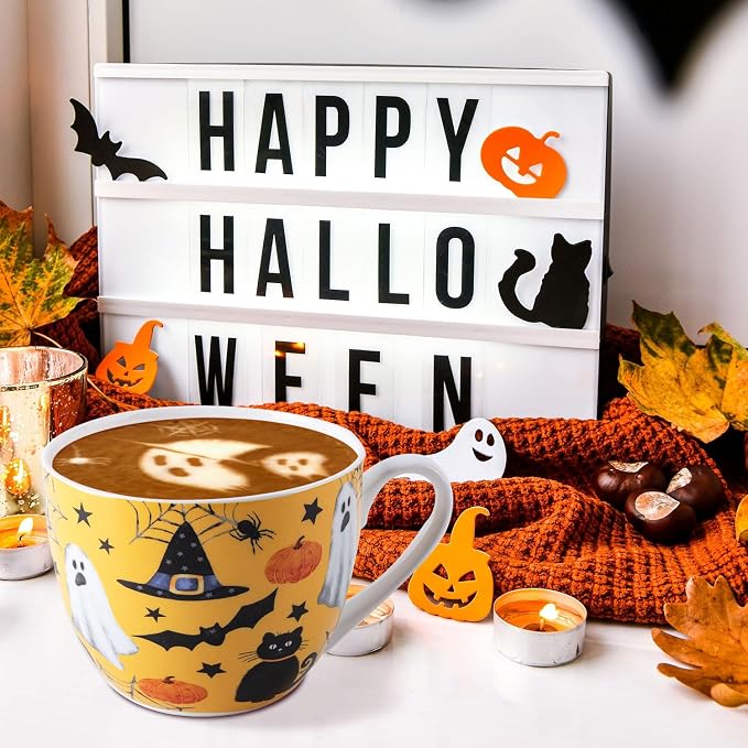 Orange Halloween Hug Mug – 20oz Bone China Coffee Mug with Black Cat, Ghost, Pumpkin & Bat, Perfect Fall Gift for Halloween Lovers, Designed in England by Harvest Green Studio - Image 6