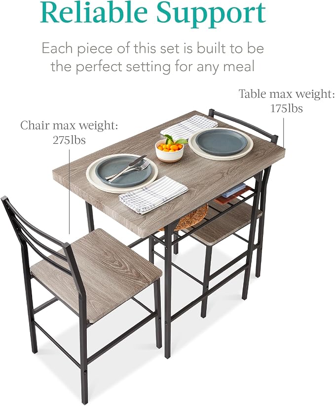 Best Choice Products 3-Piece Modern Dining Set, Space Saving Dinette for Kitchen, Dining Room, Small Space w/Steel Frame, Built-in Storage Rack - Gray/Black - Image 7