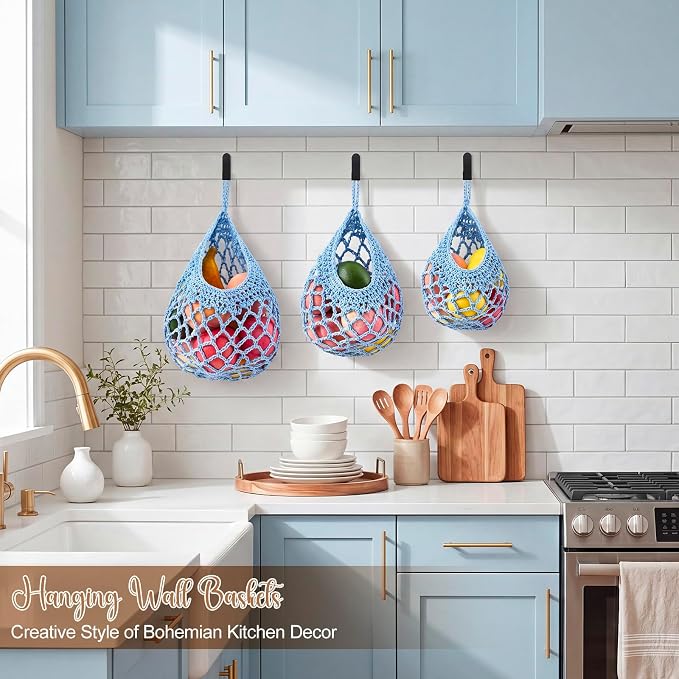 Honeydak Boho Decor Hanging Wall Baskets for Kitchen 3 Pack Teardrop Baskets with Hooks Storage Fruit Onion Vegetable Potato for Home(Light Blue,Crochet,Cotton Rope) - Image 4