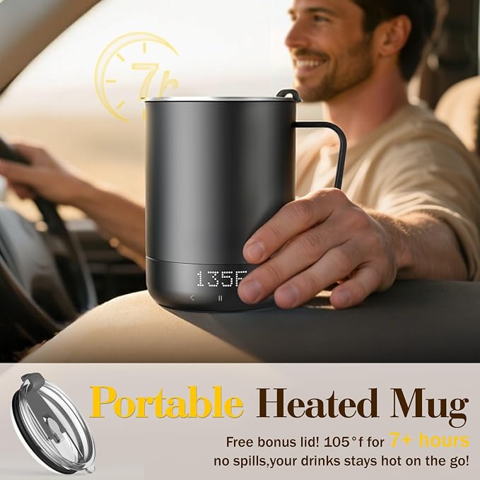 14oz Smart Heated Mug, Rechargeable Self-Heating Coffee Mug with 10 Temp Settings, Keeps Coffee Hot for Hours, No App Required, LED Display & Memory Function for Home Office, Coffee Tea Lover (Black) - Image 5