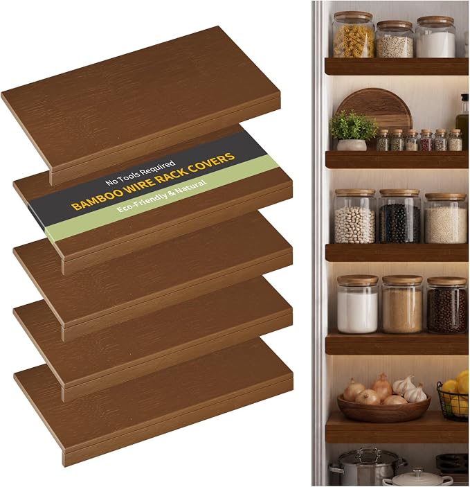Wire Shelf Covers, Bamboo Wire Rack Covers for Pantry, Closet，Kitchen (5pcs, 32" W x 16" D, Walnut) by ClimbHope
