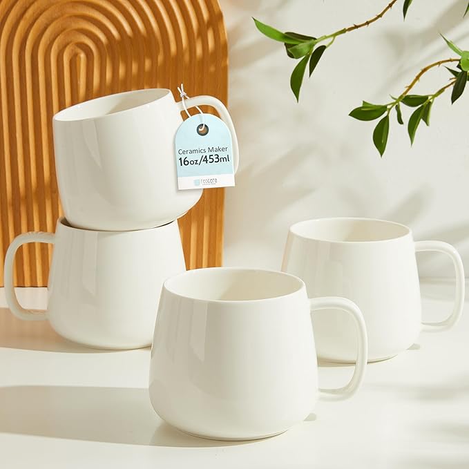Teocera 16oz Ceramic Coffee Mugs Set of 4 – Stackable Latte Cups, Microwave, Dishwasher & Oven Safe – Ideal for Coffee, Cappuccino, Hot Chocolate, Housewarming Gifts，White by Teocera