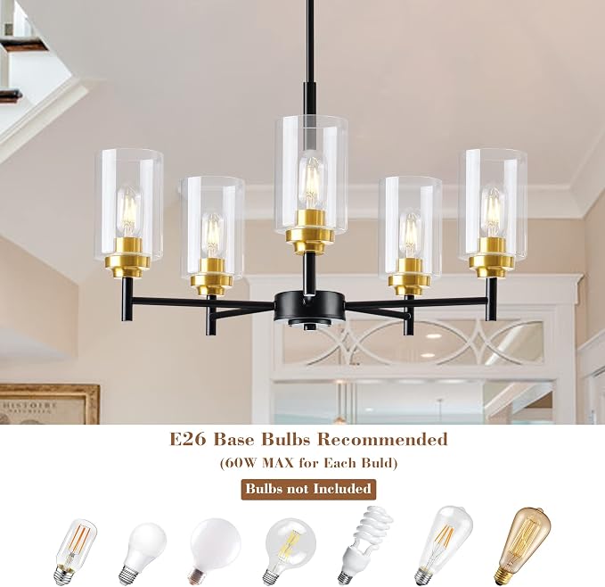 Kitchen Island Lighting - 5 Lights Modern Glass Chandelier for Dining Room, Farmhouse Pendant Light Over Table for Foyer Living Room Bedroom (Black and Gold) - Image 5