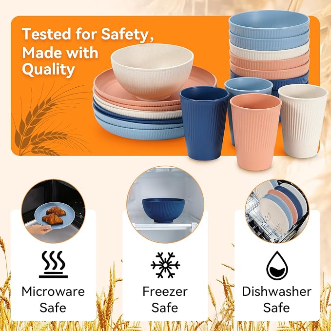Wheat Straw Dinnerware Sets,64-Piece Beige Plates and Bowls Sets for 8-Unbreakable,Reusable Plastic Dish Set-Dinner Plate/Dessert Plate/Cereal Bowl/Cup/Utensils-Microwavable Dishwasher Safe 64P-Beige - Image 3