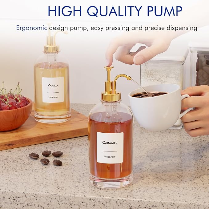 16.9 oz (500 ml) Coffee Syrup Dispenser Set - 2 Glass Bottles with Gold Pumper and Syrup Labels - Precise Dispensing and Stylish Addition to Coffee Shop, Cafe or Home Bar - Image 3