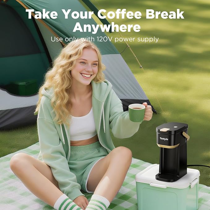 Tastyle Mini Single Serve Coffee Maker for K Cups and Grounds with Handle | for Travel, Camping, Office, RV and Dorm, Portable Handle, 120V, 6 to 12 Oz Brew Size, BPA Free, K302, Black and Gold - Image 7