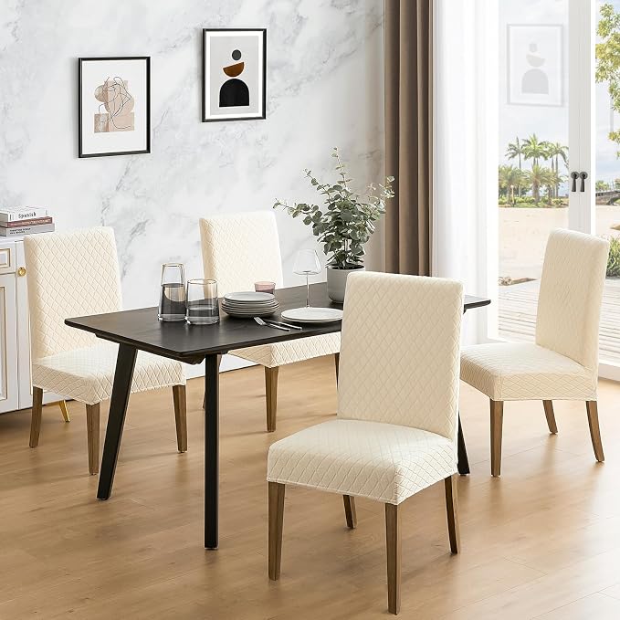 MOSAYT 100% Waterproof Dining Room Chair Covers Set of 4, Super Fit Stretch Jacquard Parson Chairs Slipcovers Removable Washable Chair Seat Protectors for Home, Kitchen, Banquet (Beige - XL) - Image 2