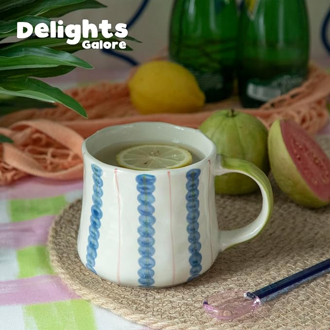 Striped Ceramic Coffee Mug Set of 2 (16oz) - Handmade Look Tea Cups with Yellow/Green Handles, Microwave Safe, Durable Daily Drinkware - Image 4